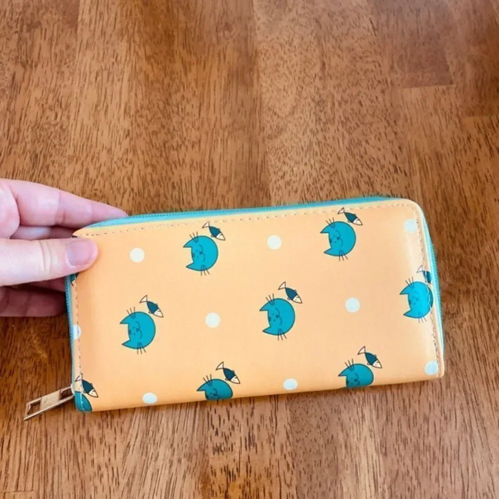 Kawaii Cat & Fish Polka Dot Zip Around Wallet Organizer Yellow Teal NWT